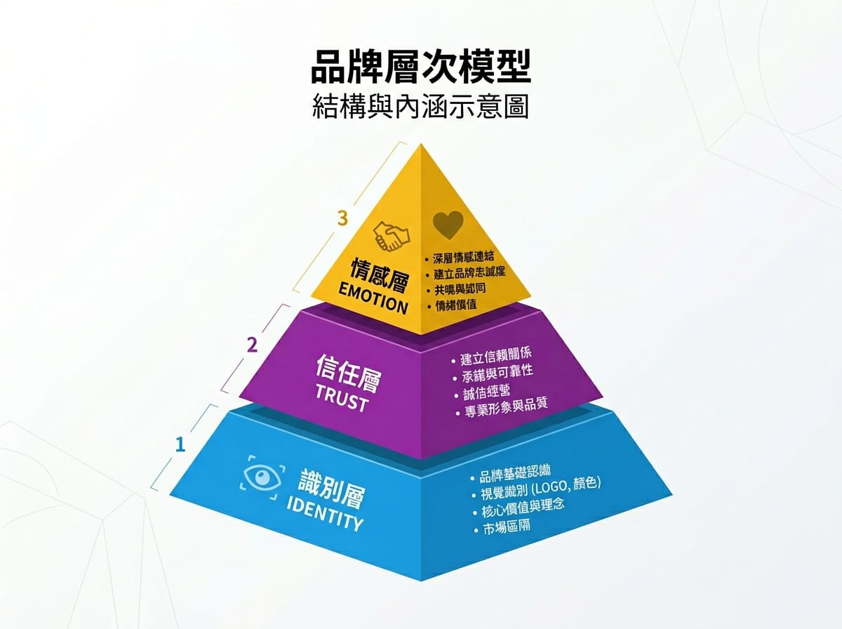 品牌行銷三層架構示意圖:識別層打底、信任層強化、情感層創造口碑