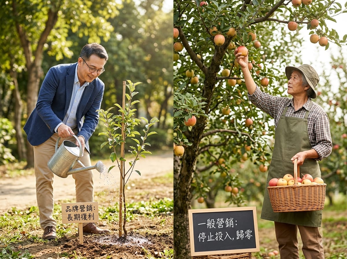 品牌行銷與一般行銷對比:種樹代表長期積累,採果代表短期促銷