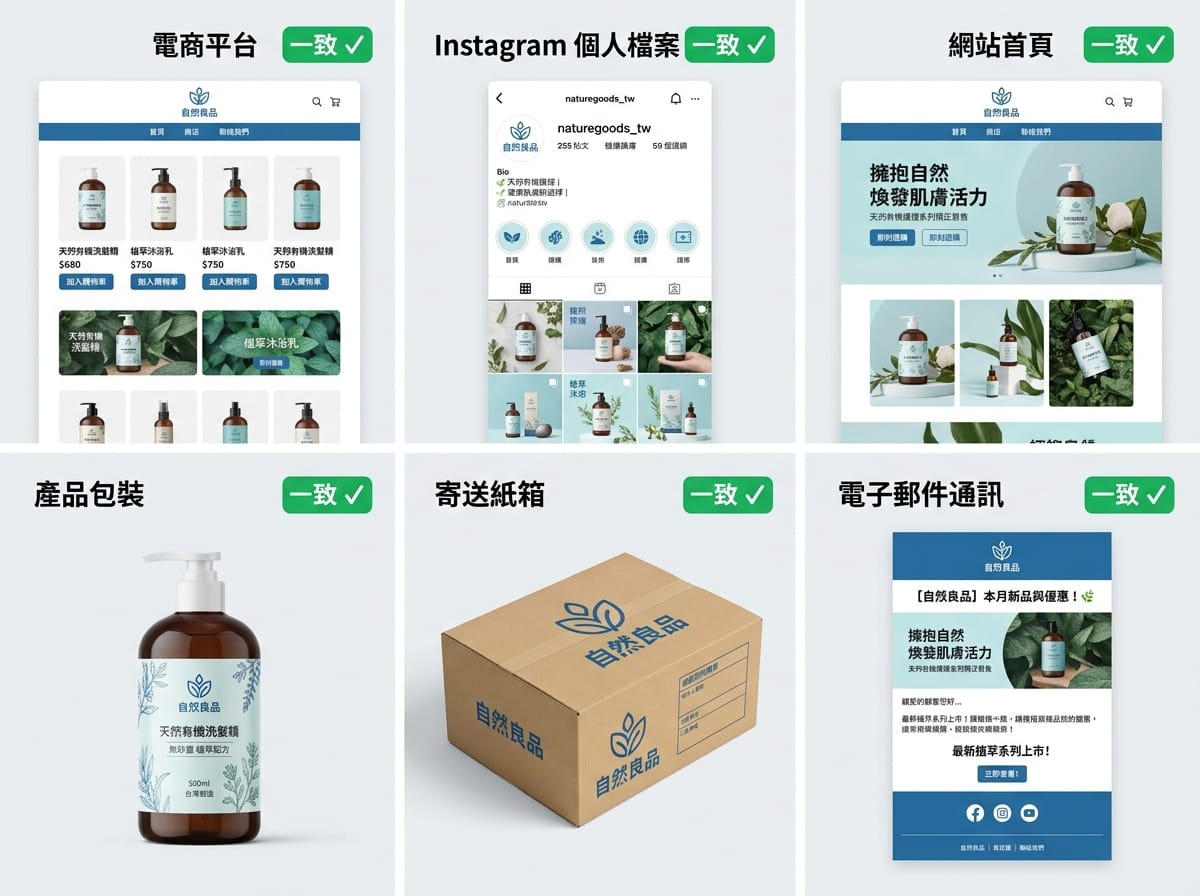 品牌識別跨平台一致性示意:六個接觸點使用相同 Logo 與色系