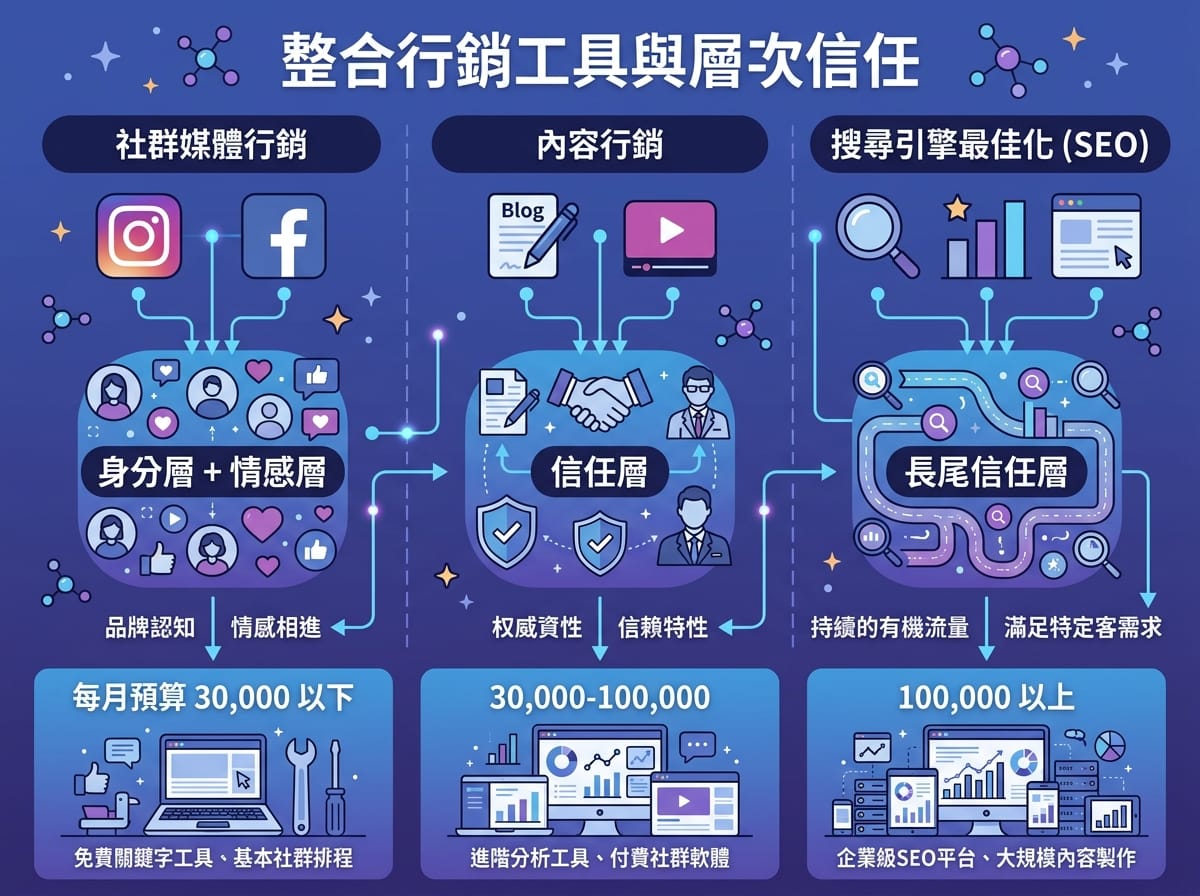 品牌行銷工具整合圖:社群、內容行銷、SEO 分別對應三層架構