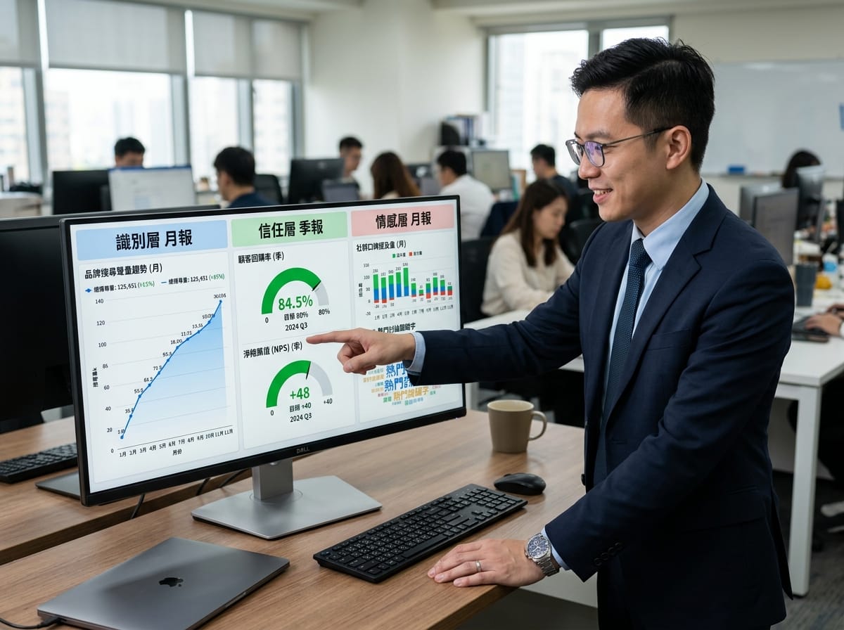 品牌行銷 KPI 儀表板:識別層月報、信任層季報、情感層月報三組指標