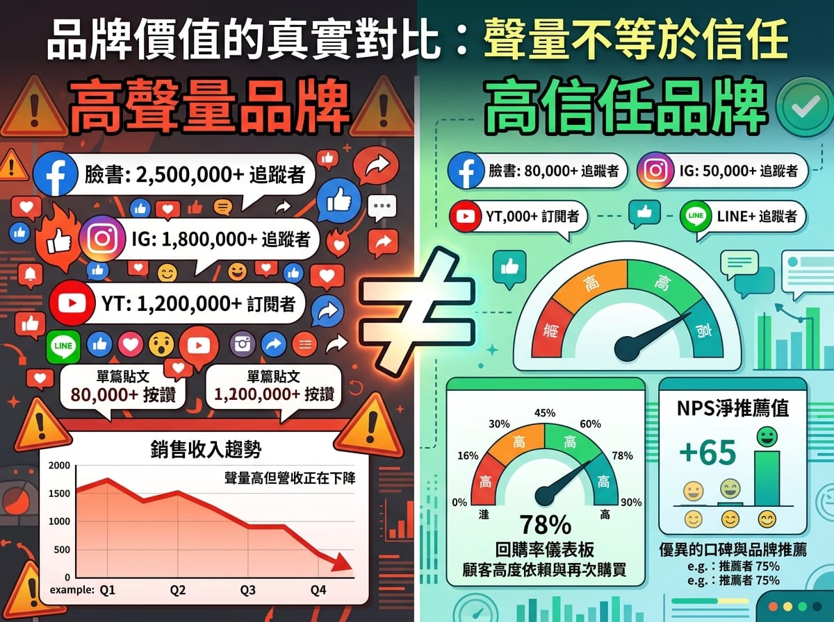 品牌聲量與信任層對比:粉絲數不等於品牌健康度,回購率才是真正指標