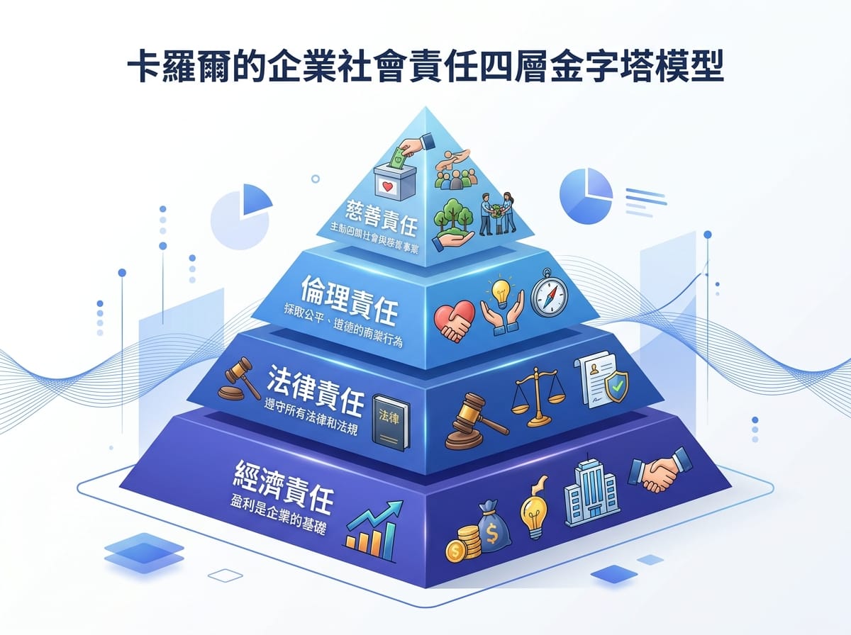 Carroll CSR 責任金字塔四層架構圖，由下至上分別為經濟責任、法律責任、倫理責任、慈善責任