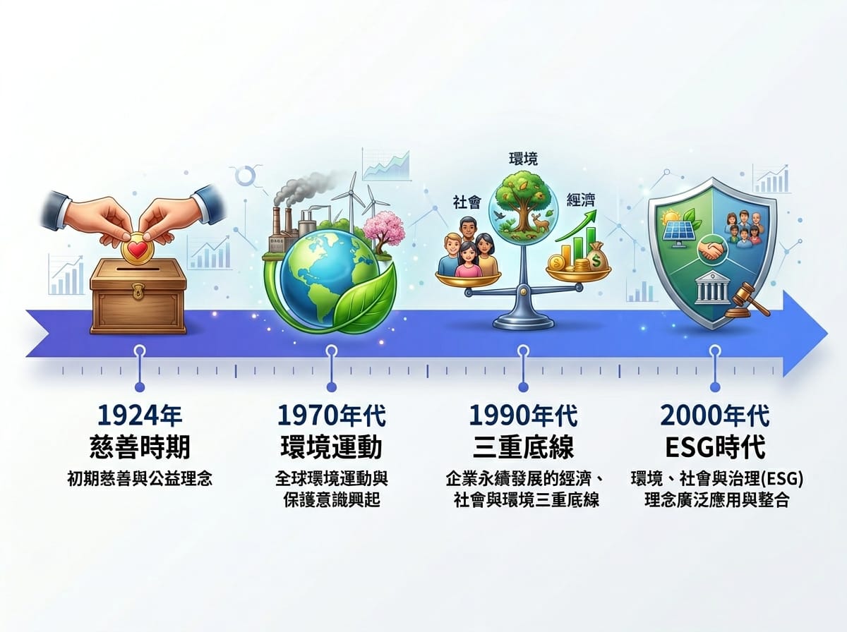 企業社會責任從 1924 年發展至今的演化時間軸，標示慈善期、環保運動、三重底線、ESG 時代等關鍵節點