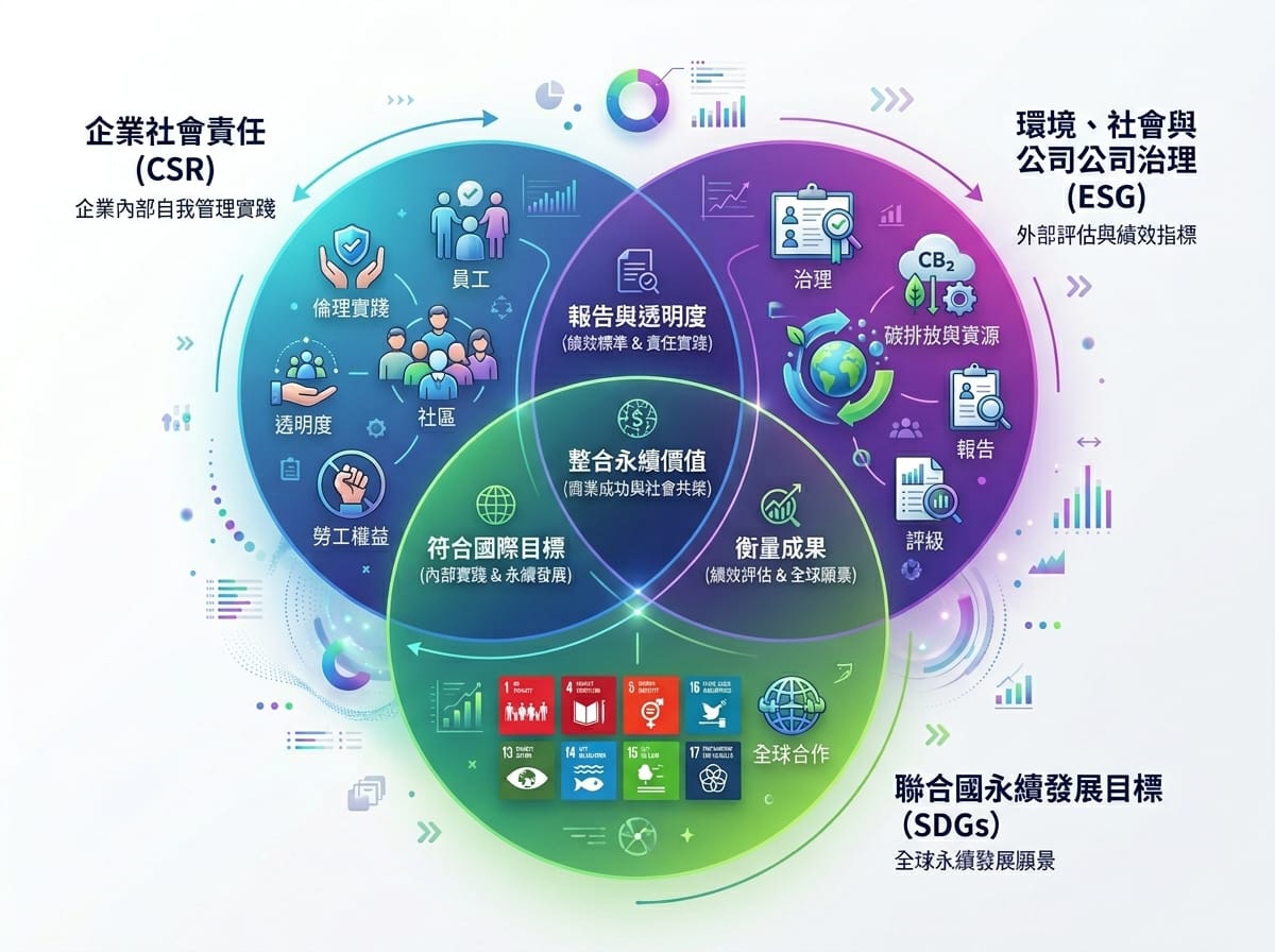 CSR、ESG 與 SDGs 三者關係概念圖，呈現各自定義範疇、主導方與相互關聯