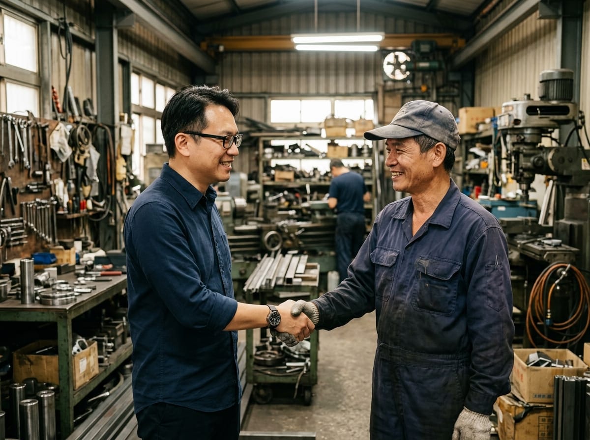品牌主與台灣在地工廠工作人員握手，象徵中小品牌透過供應鏈透明化落實倫理責任