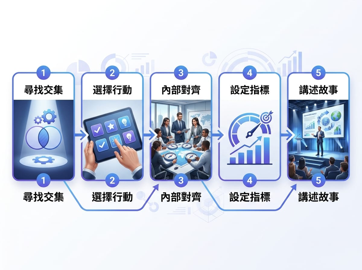 中小品牌落實企業社會責任的 5 步驟流程圖，從品牌價值交集確認到對外說故事的完整行動路徑