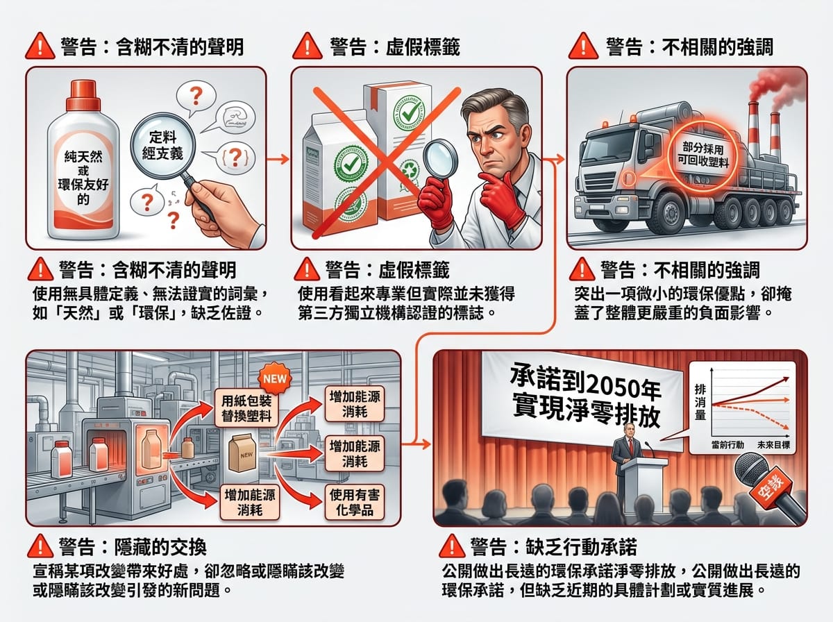 洗綠 Greenwashing 五大類型警示說明圖，幫助品牌識別並避免誇大的環保宣稱