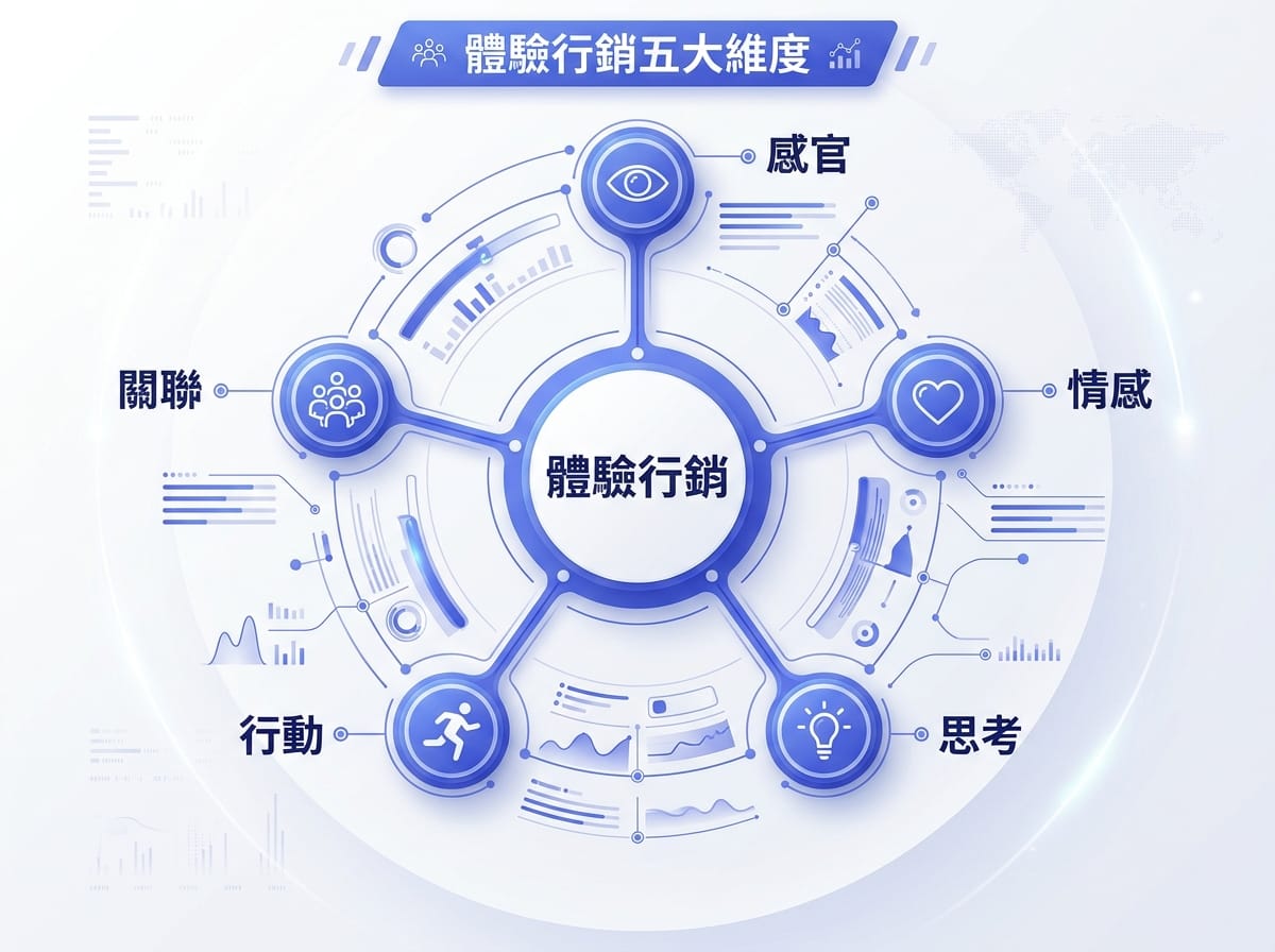 Schmitt 體驗行銷五大構面示意圖：感官、情感、思考、行動、關聯