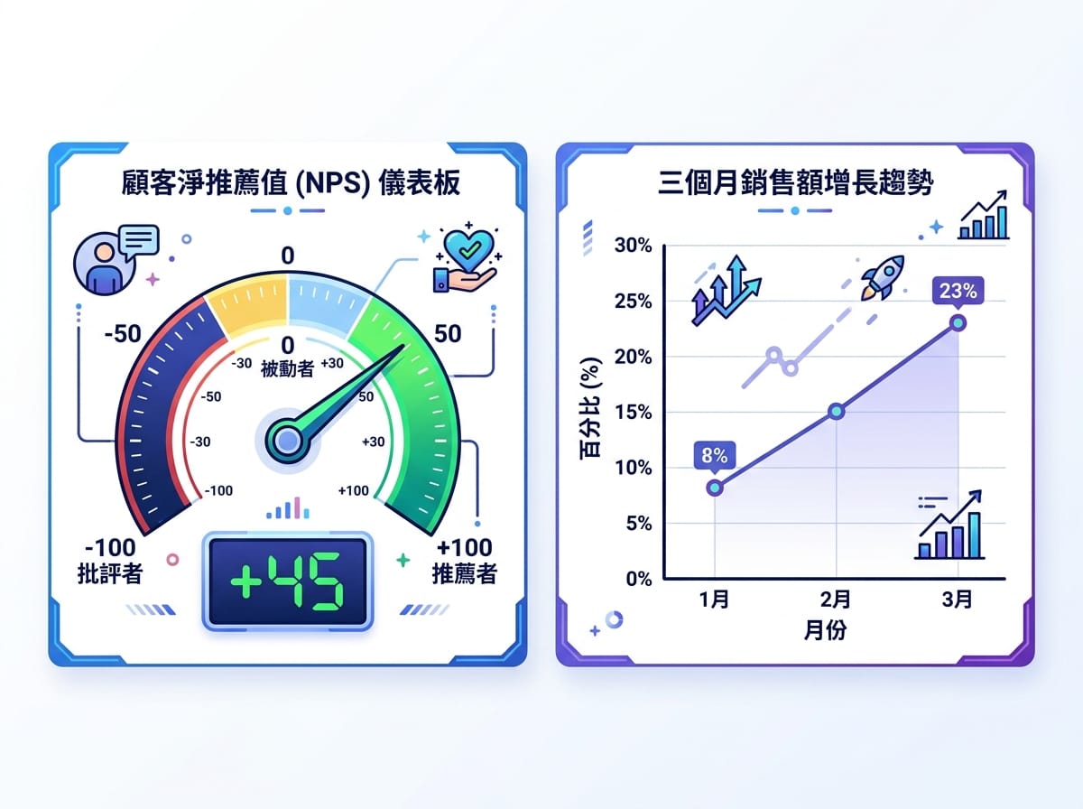 體驗行銷成效衡量指標：NPS 量表顯示推薦者分數，回購率折線圖顯示三個月成長趨勢