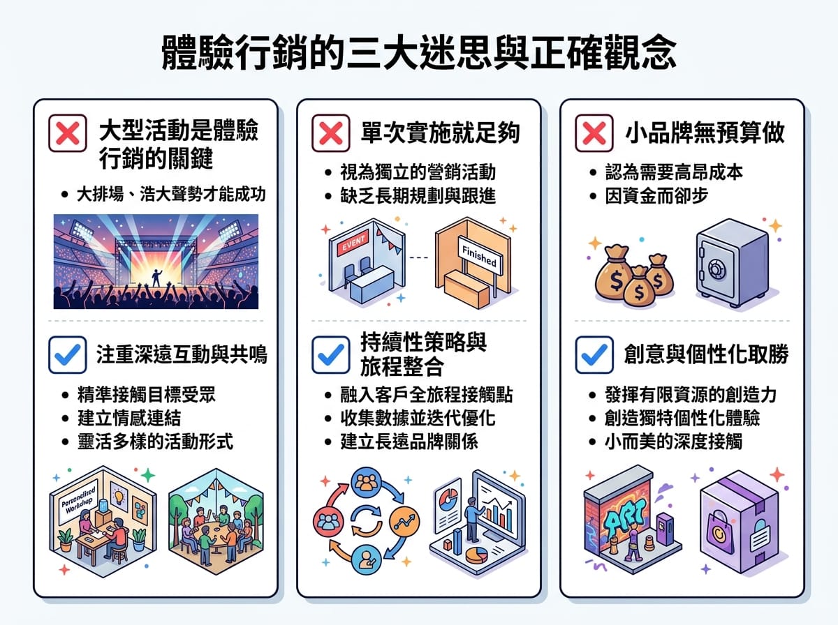 體驗行銷三大常見誤解對照表：規模迷思、一次性體驗迷思、預算迷思