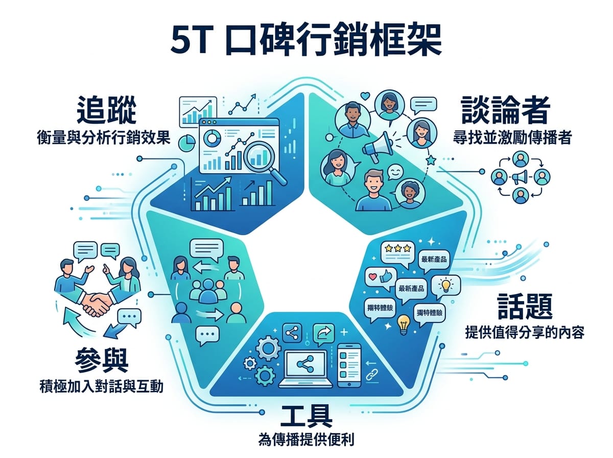 5T口碑行銷策略框架:Talkers、Topics、Tools、Taking Part、Tracking五維度圖示