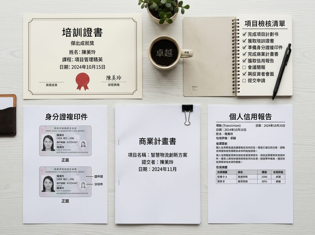 申請所需文件清單,包含結訓證明、商業登記、信用報告等