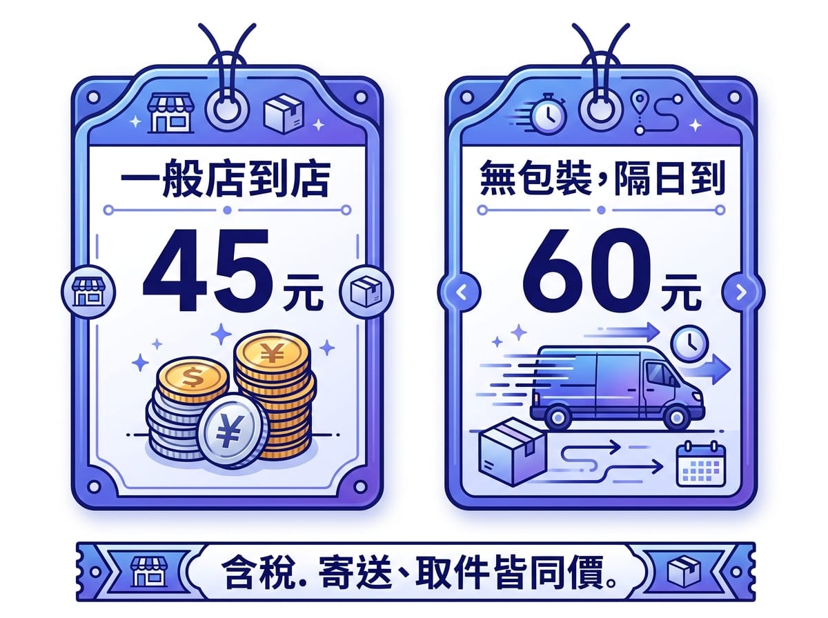 蝦皮店到店一般寄件與無包裝隔日到運費比較圖