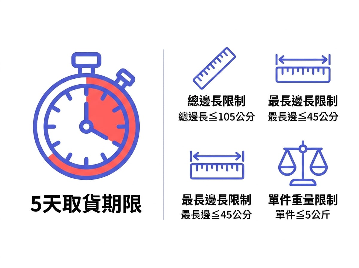 蝦皮店到店5天取貨期限與商品尺寸重量上限規定圖