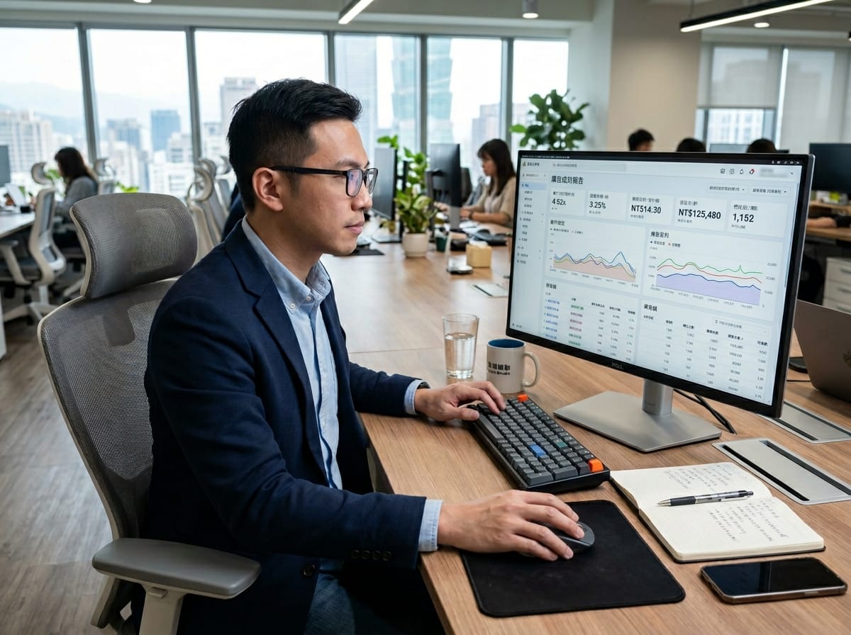 廣告投放後台數據儀表板示意圖，顯示 ROAS、CTR 等關鍵指標