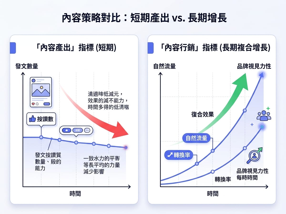 內容生產與內容行銷策略的核心差異對比圖：前者停止即歸零，後者持續複利累積