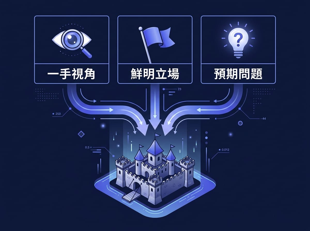 AI時代能存活的內容三大特質資訊圖表：第一手視角、明確立場、說出讀者還不知道想問的問題