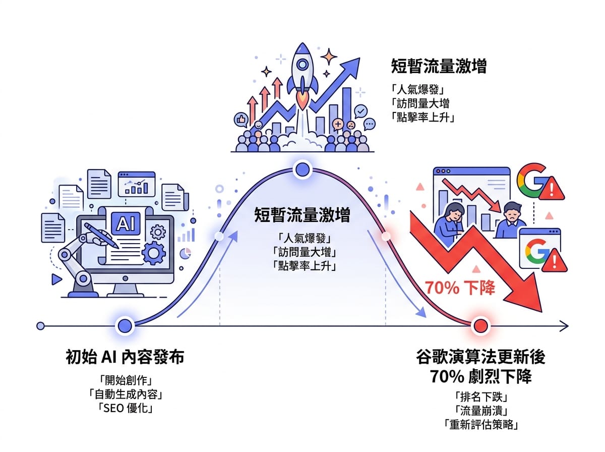 AI批量內容策略的流量崩塌時間軸：短暫上升後受Google更新影響大幅下跌70%