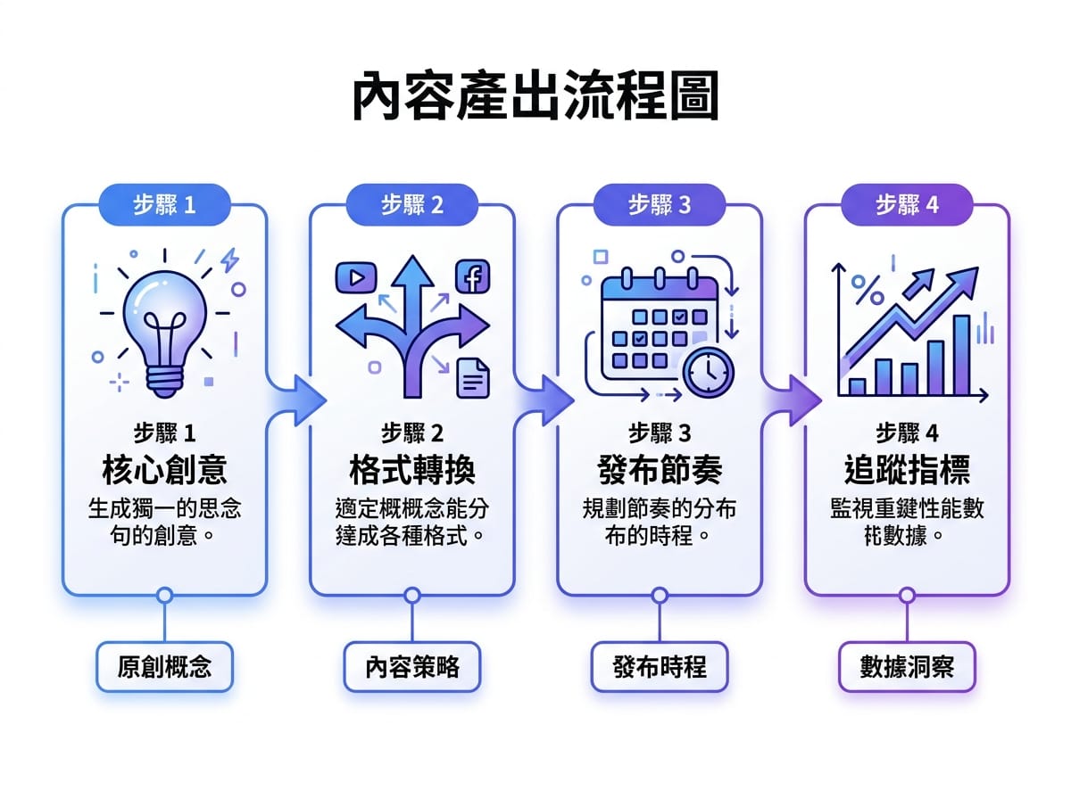 護城河型多格式內容行銷執行四步驟流程圖