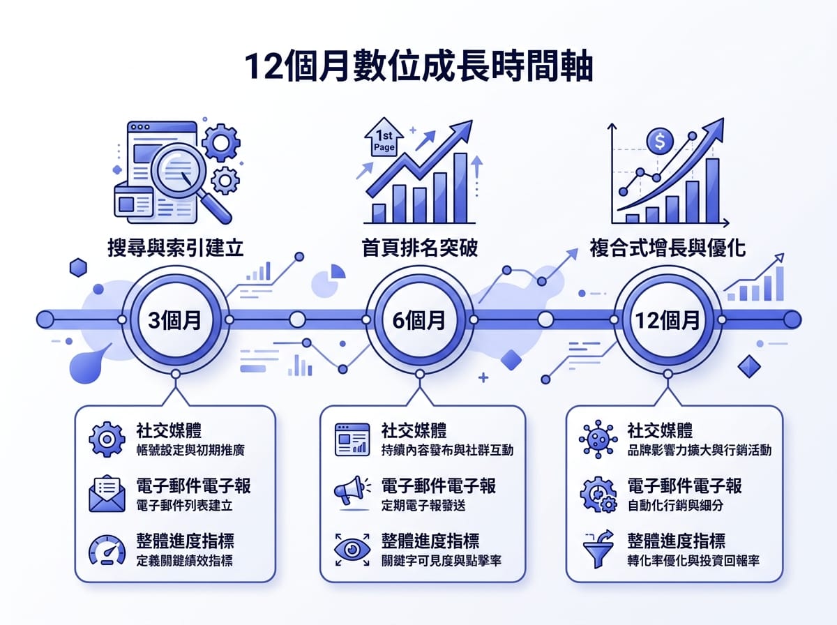 內容行銷12個月現實時間表資訊圖：3個月起步、6個月見效、12個月複利的里程碑預期