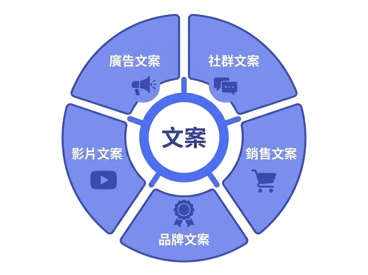 廣告、社群、銷售、品牌、影片五大文案類型分類資訊圖表