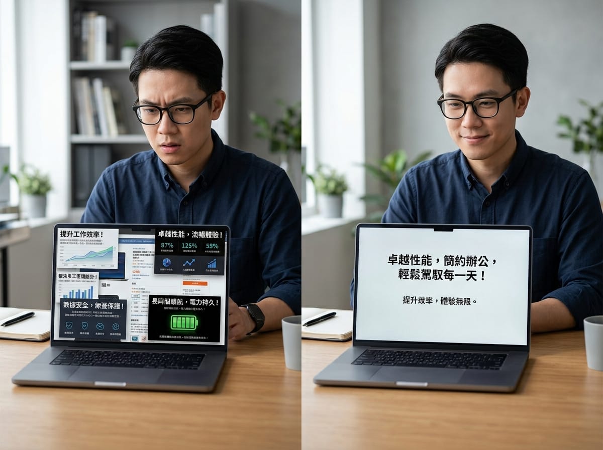 產品頁文案改版前雜亂賣點與改版後單一核心好處對比畫面