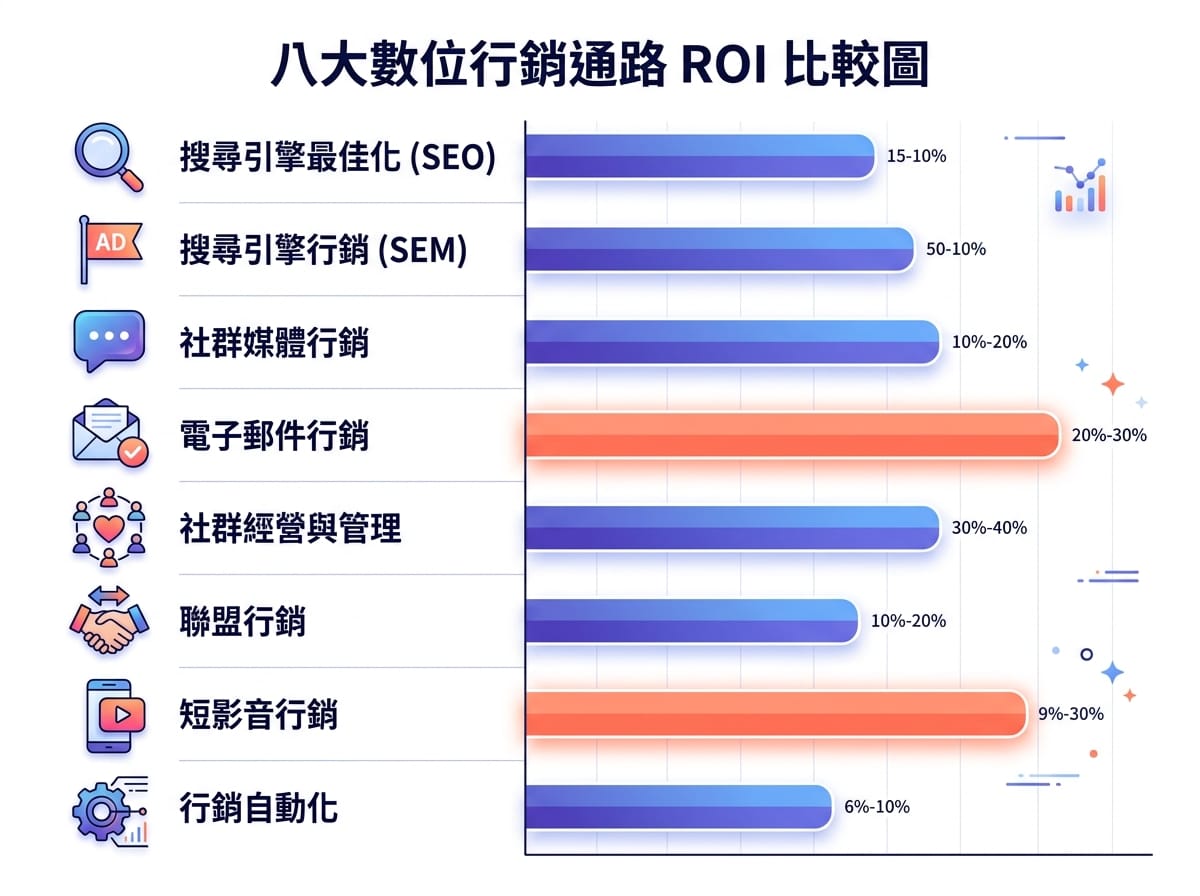 8大數位行銷管道全覽，包含SEO、廣告投放、社群媒體、Email行銷、口碑行銷、短影音及行銷自動化