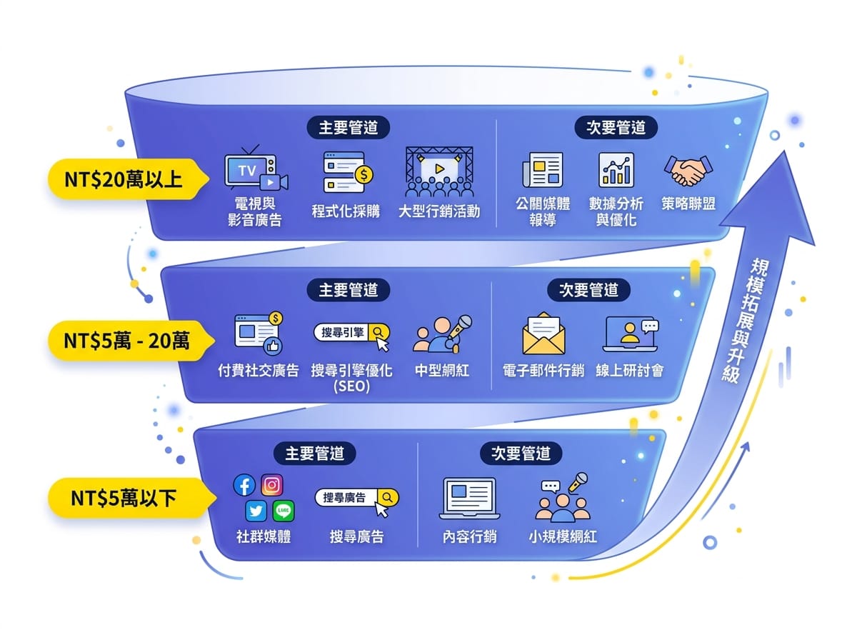 依月預算規模選擇數位行銷管道的決策框架，從SEO優先到多管道整合