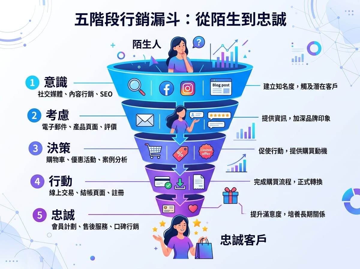 行銷漏斗五個層次，從認知到忠誠，展示每層對應的數位行銷管道