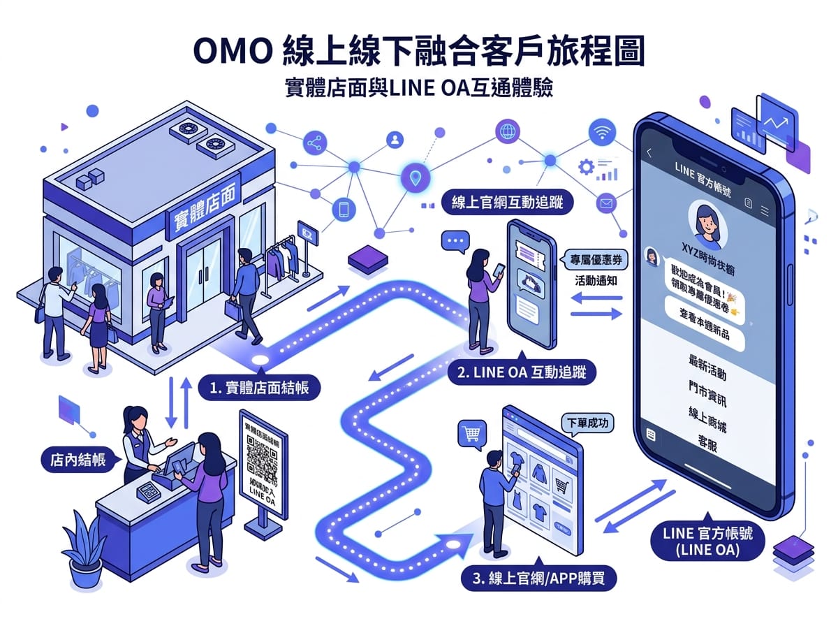 OMO線上線下整合示意，展示門市、手機LINE OA、電腦三個接觸點如何串聯顧客旅程