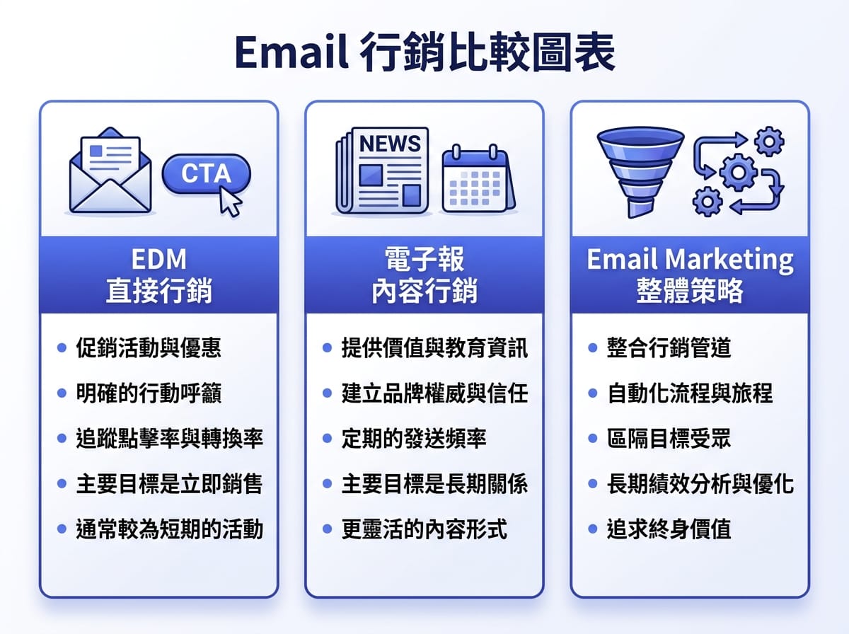 EDM 與電子報、Email Marketing 的差異比較資訊圖，含定義、目的與應用場景