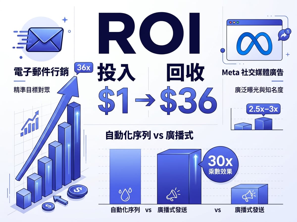 EDM 行銷投報率數據圖，顯示每投入 1 元可回收 36 元，以及自動化序列比廣播式信件效益高 30 倍