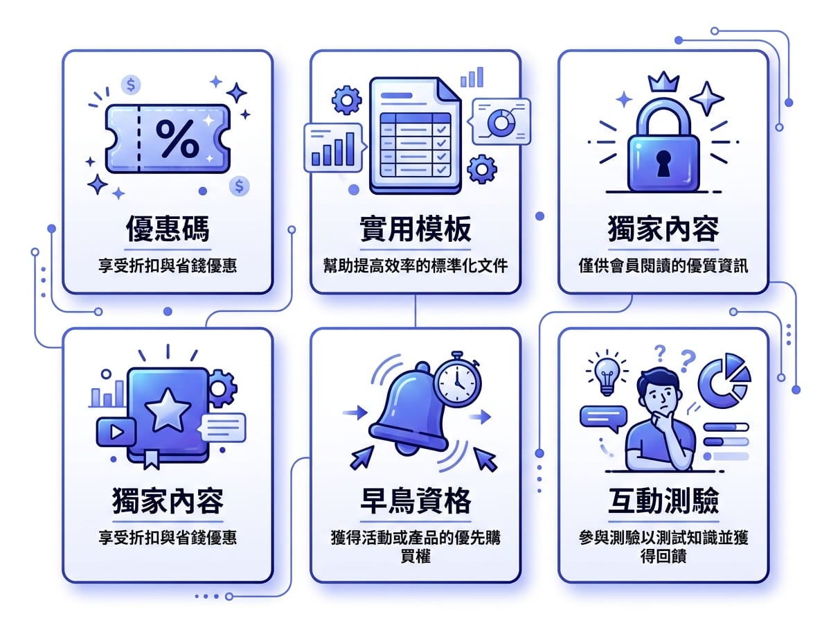 鉛磁鐵設計 5 種誘因資訊圖，包含折扣碼、實用模板、獨家內容、早鳥通知與互動測驗