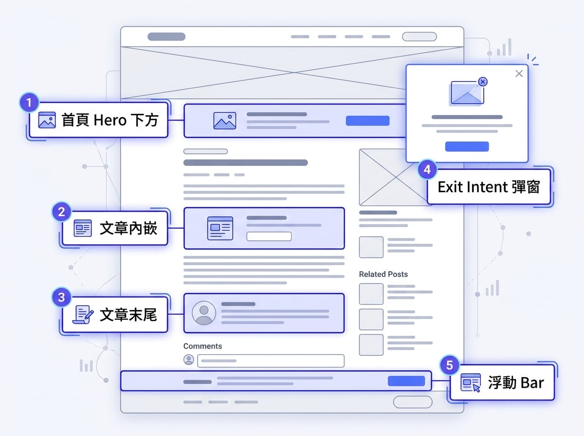 網站訂閱表單五個高轉換放置位置示意圖，包含首頁 Hero、文章內嵌、文章末尾、Exit Intent 彈窗及浮動 Bar