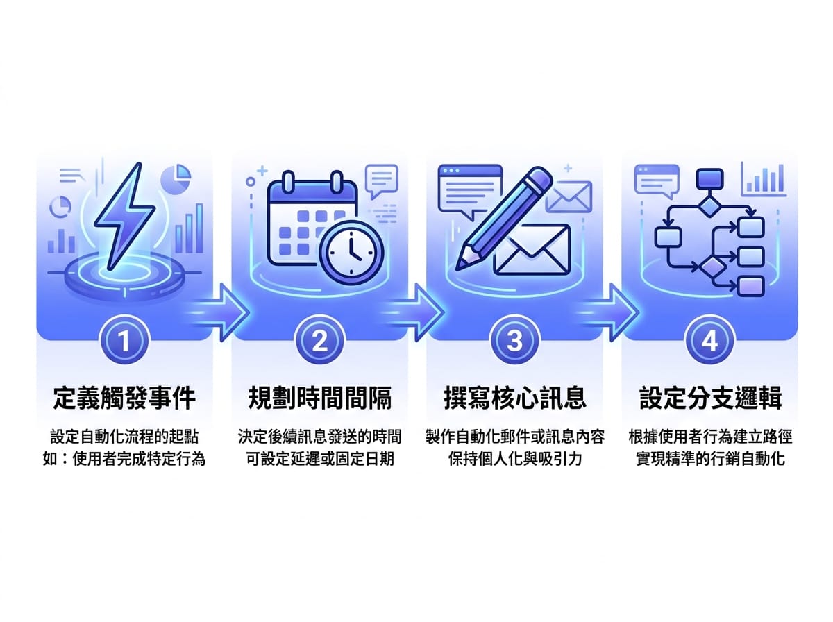 EDM 自動化序列設計四步驟流程圖：觸發事件、時間規劃、訊息撰寫、分支邏輯