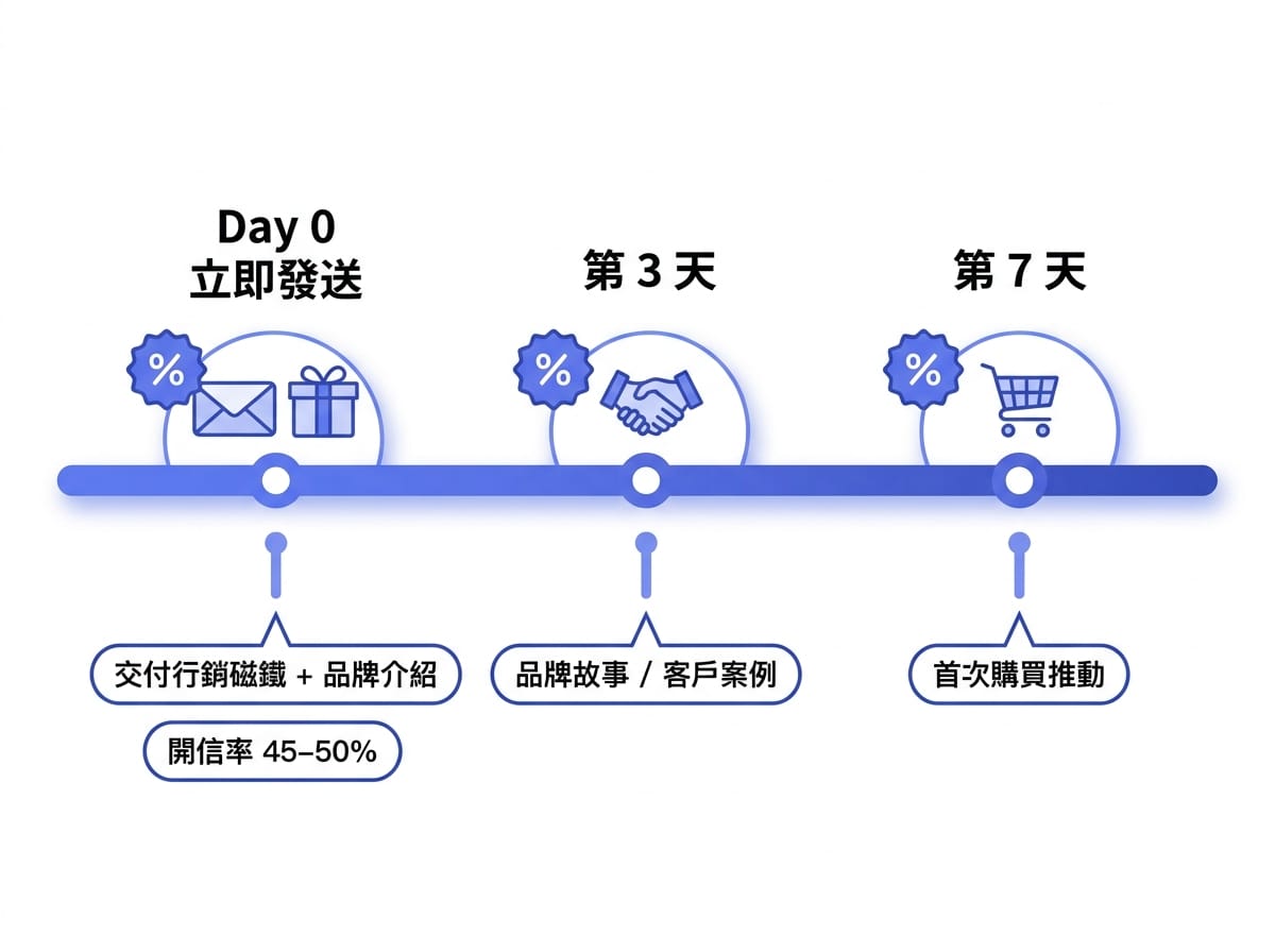 歡迎序列三封信時間軸，Day 0 交付鉛磁鐵、Day 3 品牌故事、Day 7 購買引導，顯示各封平均開信率