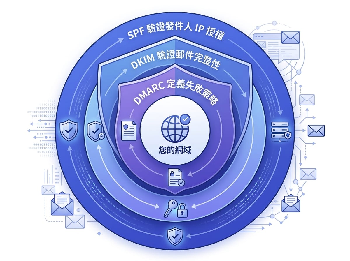 SPF、DKIM、DMARC 三層電子郵件安全驗證機制示意圖，說明各層功能與保護範圍