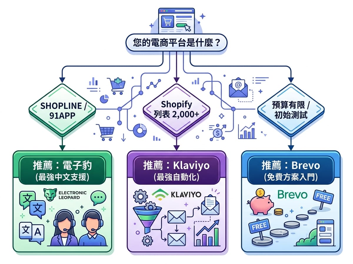 台灣電商 EDM 平台選擇決策樹，依電商平台、名單規模與預算條件推薦電子豹、Klaviyo 或 Brevo