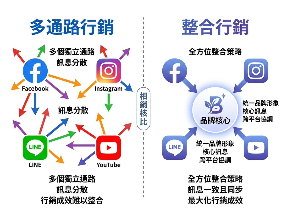 多通路行銷訊息分散與整合行銷訊息一致的對比圖