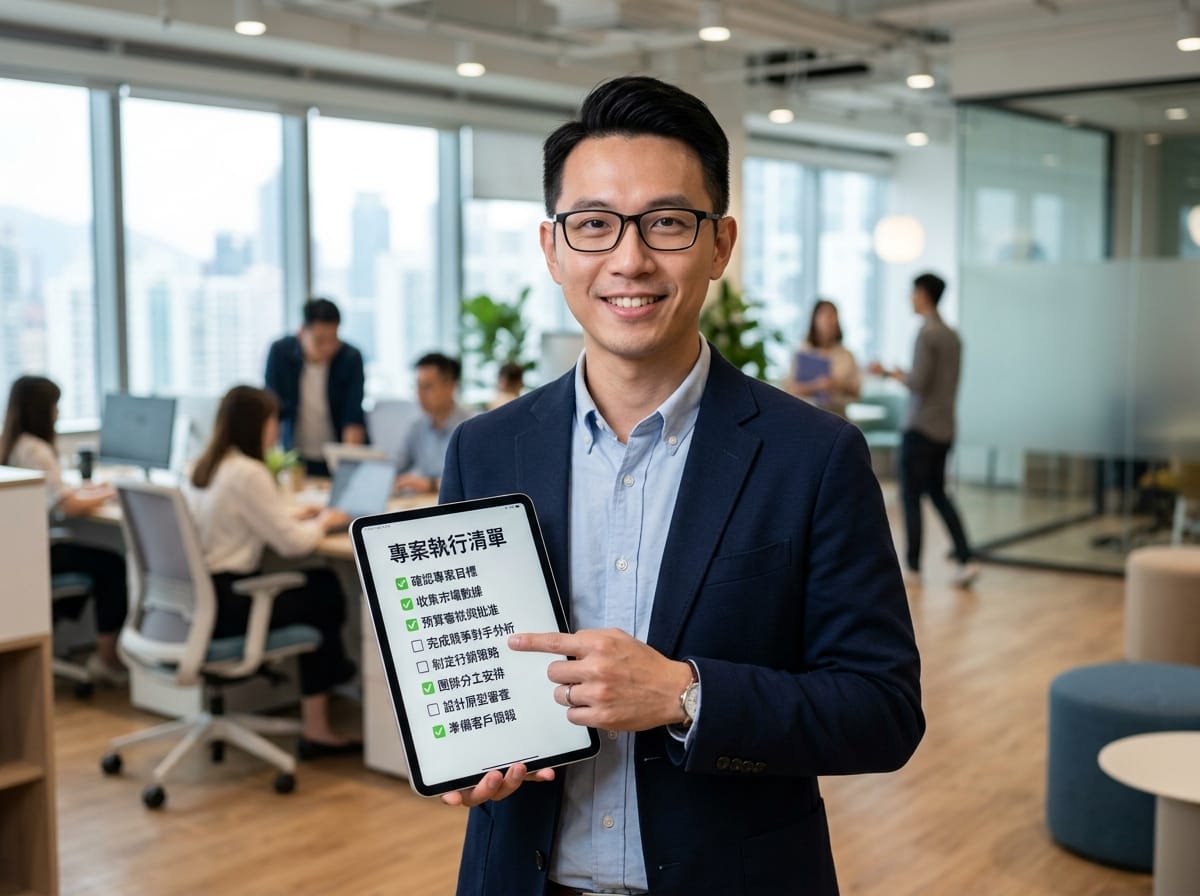 中小企業主評估整合行銷準備條件，手持平板查看自評清單