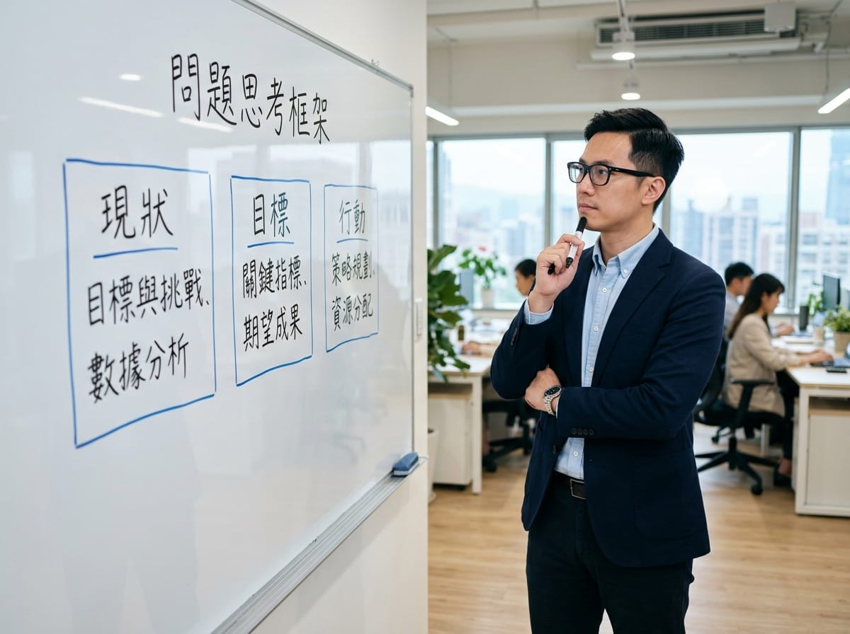 品牌顧問在白板前確立整合行銷核心訊息，使用三問框架進行品牌定位思考