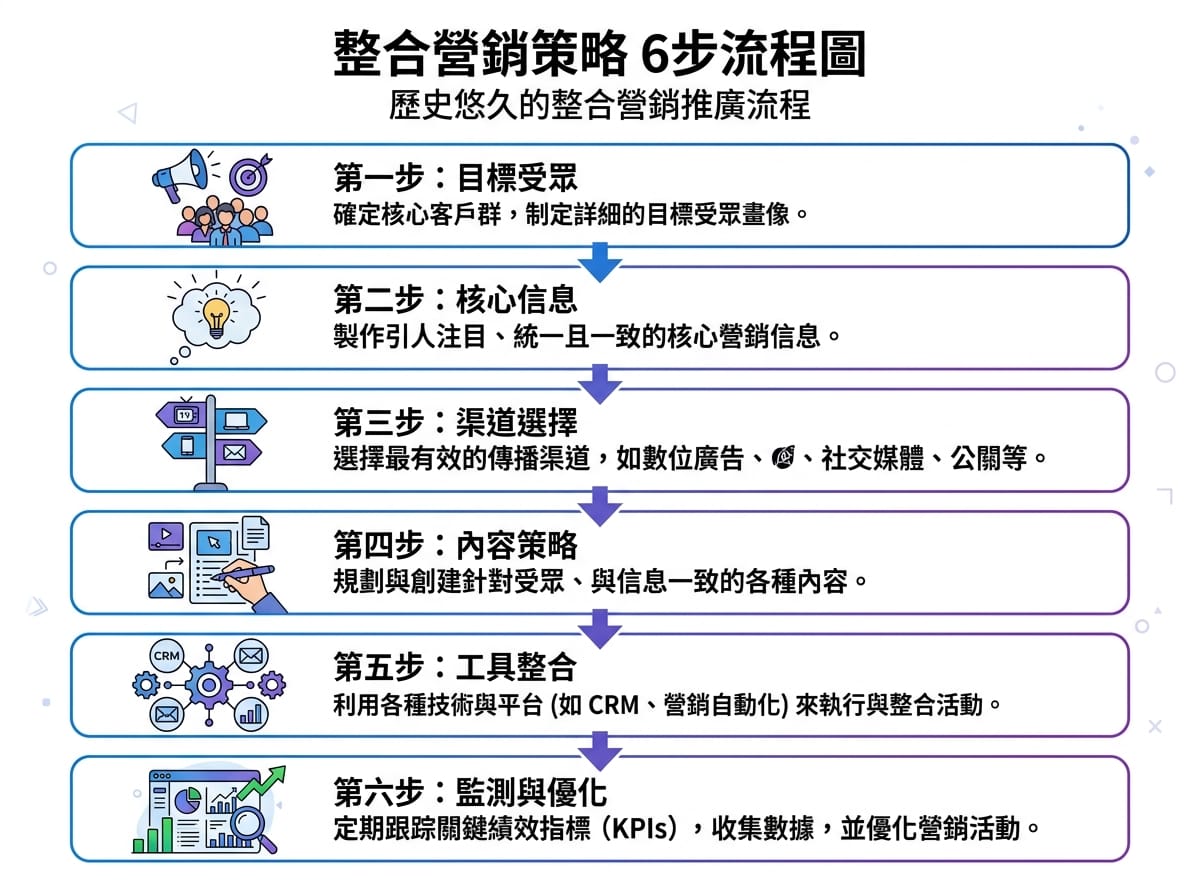 整合行銷六步驟執行流程圖，從鎖定客群到監測優化的完整架構