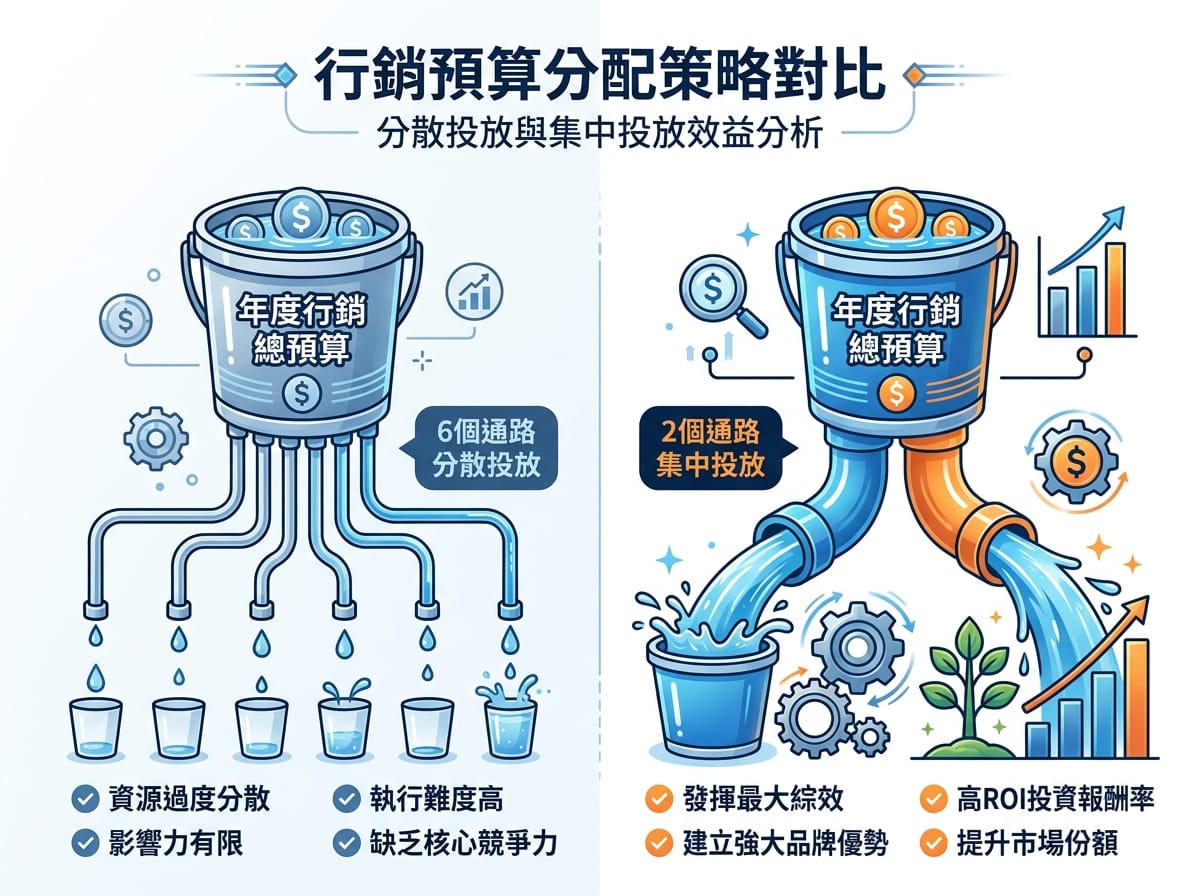 行銷預算分散六個通路稀釋效應對比圖，集中兩個通路效益更佳