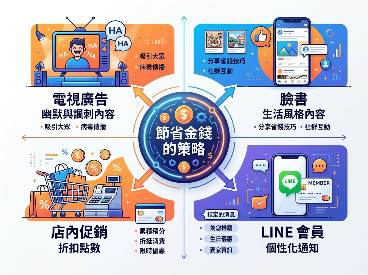 全聯福利中心整合行銷策略圖，以省錢有道為核心訊息延伸至四個行銷通路