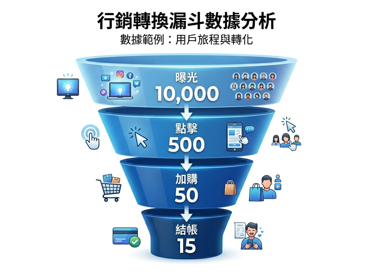 行銷漏斗轉換流程：從曝光 10,000 次到最終 15 人結帳的示意圖
