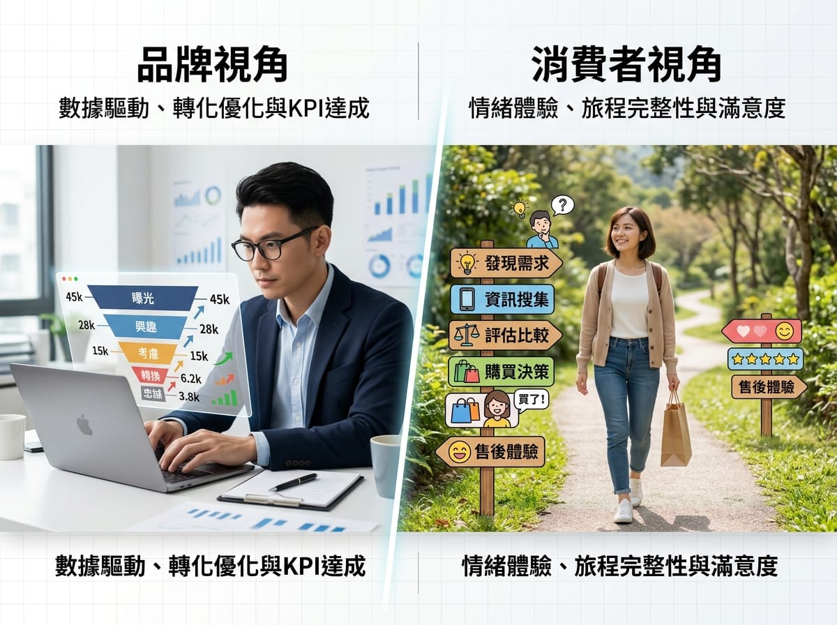 行銷漏斗（品牌視角）與顧客旅程（消費者視角）的對比示意圖