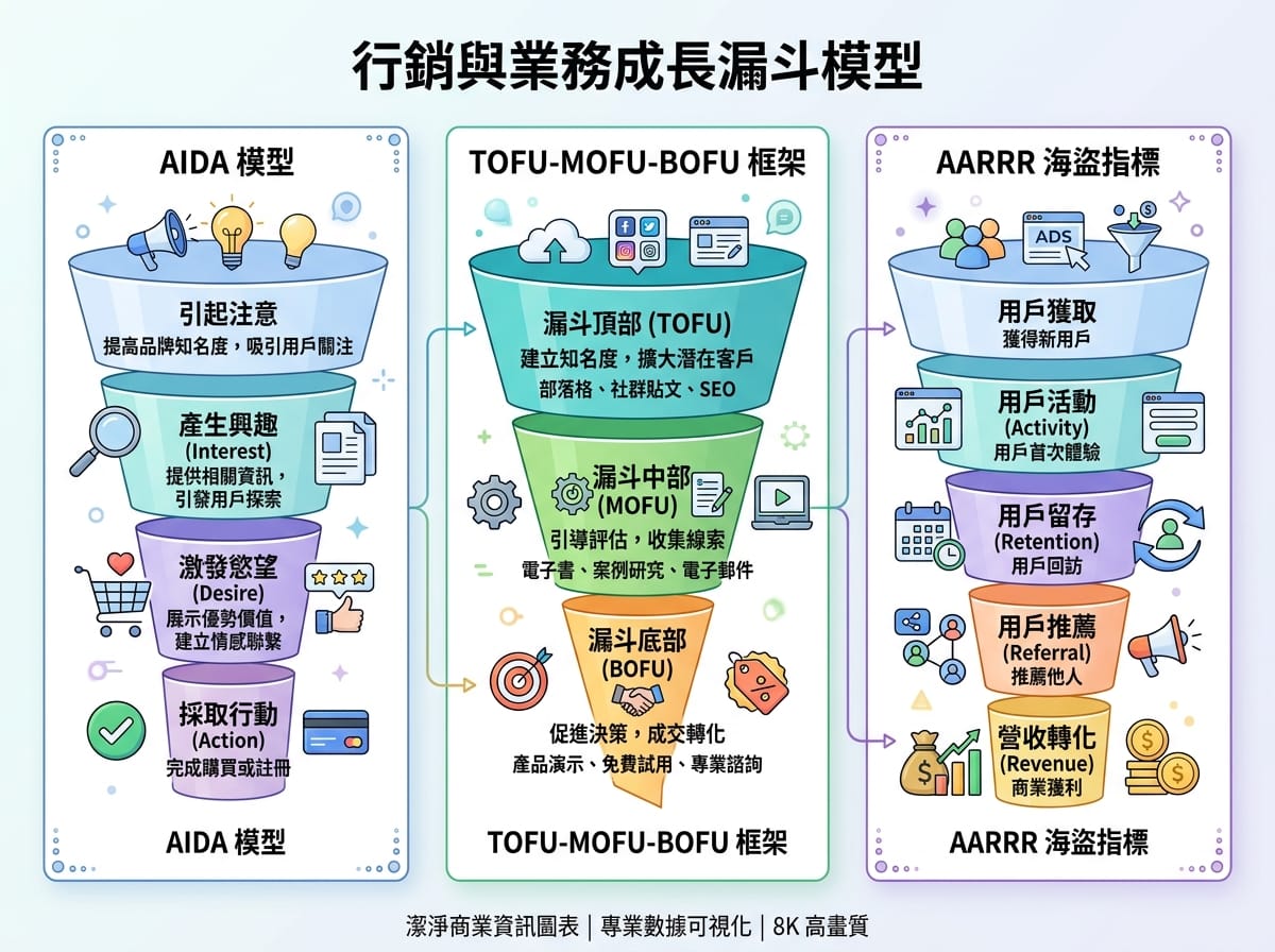 行銷漏斗三大模型對照圖：AIDA 4 層、TOFU-MOFU-BOFU 3 層、AARRR 5 層