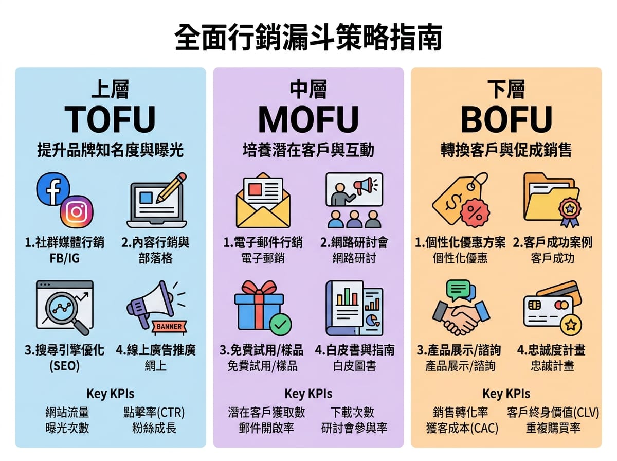 TOFU（觸及）、MOFU（考慮）、BOFU（轉換）三層行銷工具與指標資訊圖