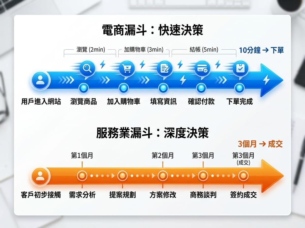 電商漏斗（決策時間短）與服務業漏斗（決策時間長）的時間軸對比示意圖